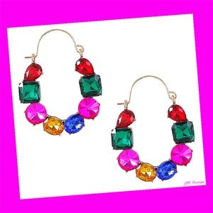 New Burnished Gold Multicolor Rhinestone Jewel Hoop Statement Earrings